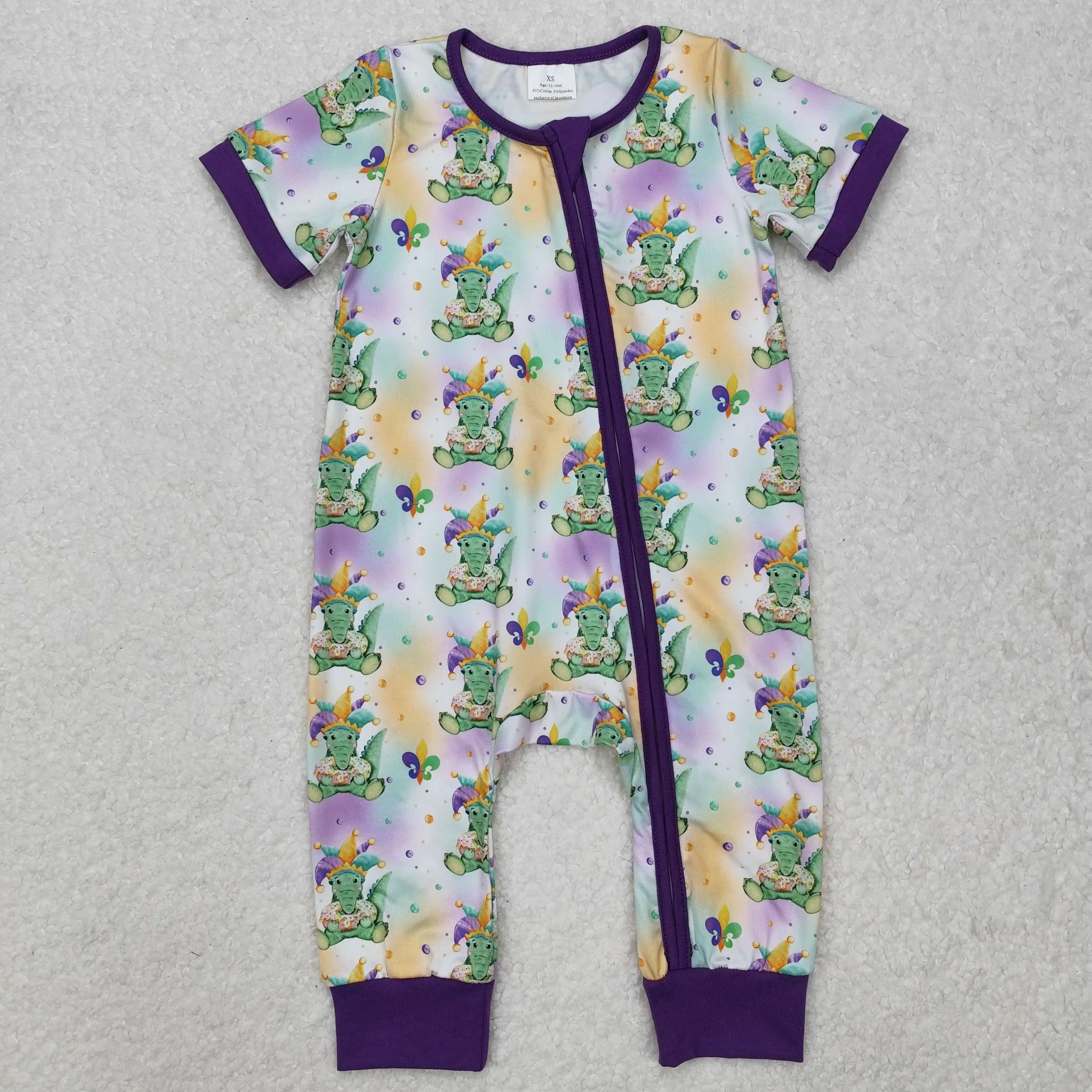 

New rts baby toddler boys carnival romper wholesale boutique crocodile pattern purple zipper short sleeve boy onesie