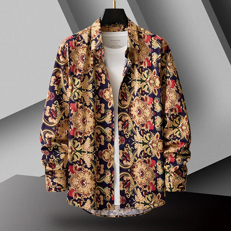 High-end Print Long Sleeve Shirts Men Cotton Breathable Loose Casual Lapel Shirt Summer Thin Hawaii Shirt Tops Social Streetwear