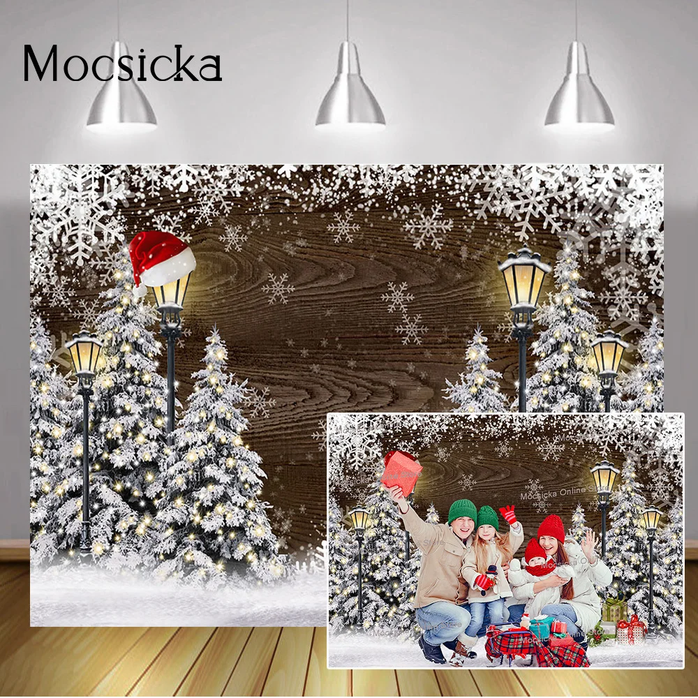 

White Christmas Trees Snow Street Backdrop Snowflake Gifts Winter Rustic Wooden Wall Backgrounds Kids Birthday Studio Photocall