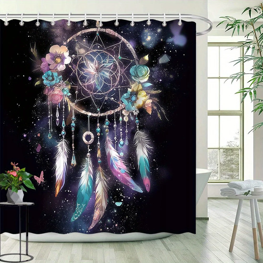 

Dream Catcher Shower Curtain - Romantic Floral & Feather Design, Adds Mysterious Starry Sky Atmosphere, Polyester Bathroom Decor