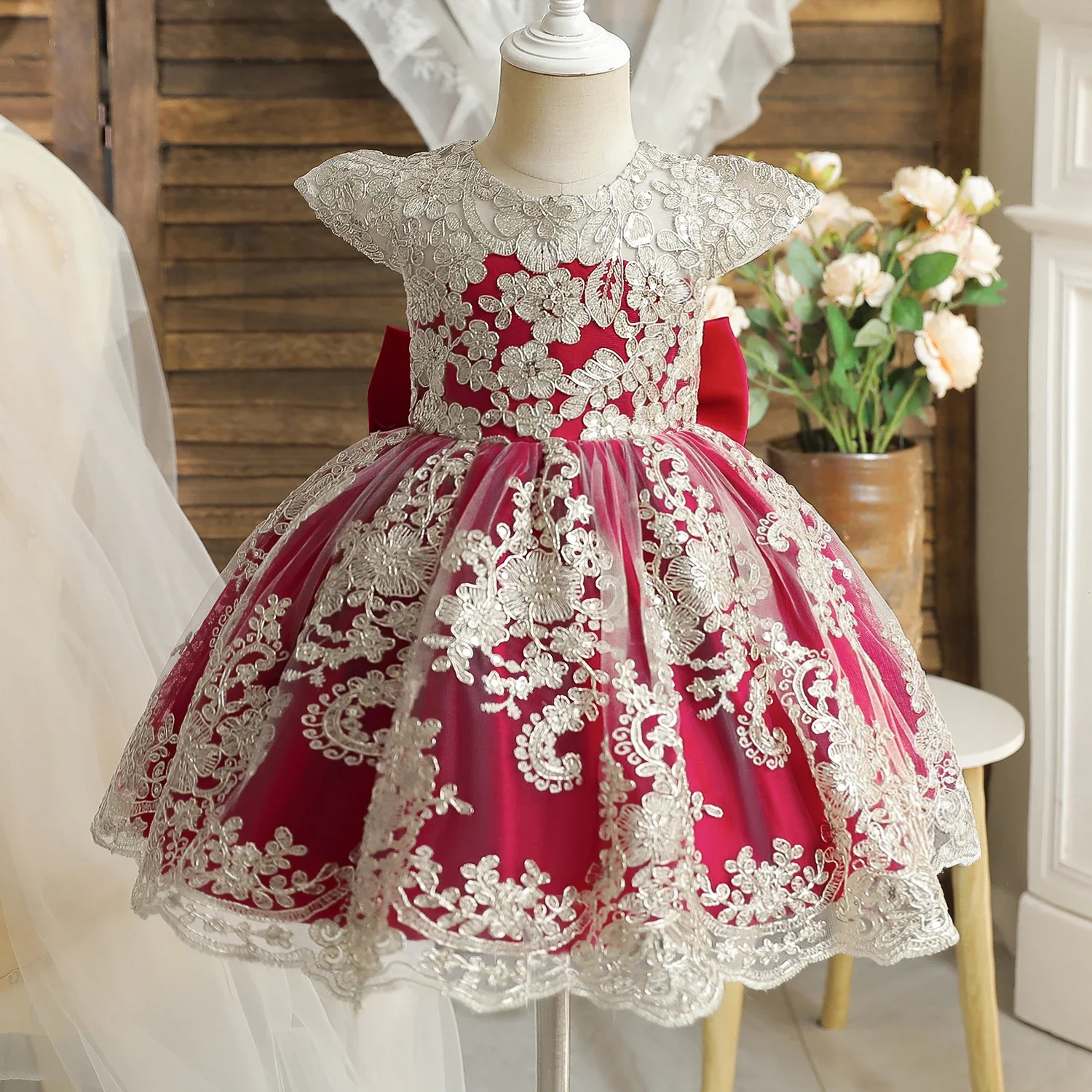 1-5 Years Baby Girls Eids Gown for Red Costumes Toddler Kids Princess Birthday Wedding Prom Formal Dress Children Party Clothing