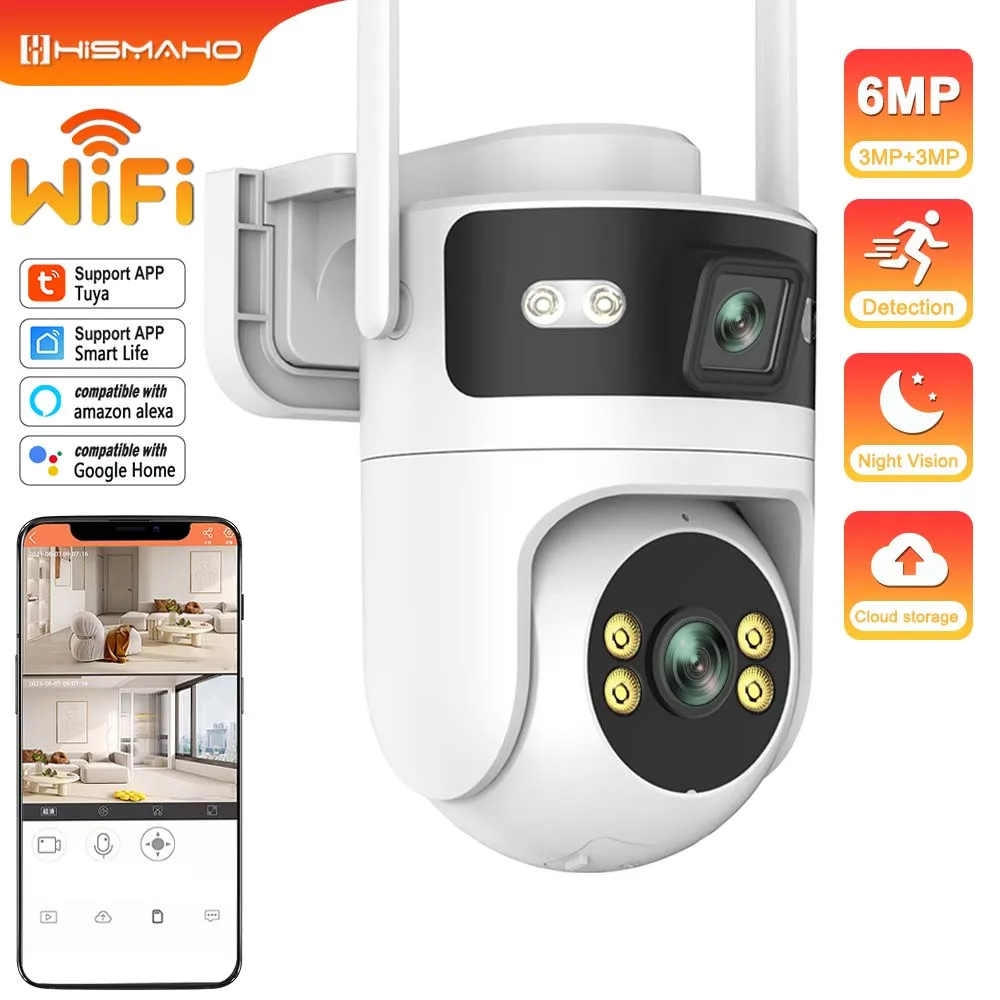 Tuya IP Camera 6MP Dual Lens Outdoor Security Protection Dual Screen WiFi Cam Auto Tracking Video Surveillance Alexa Google Home