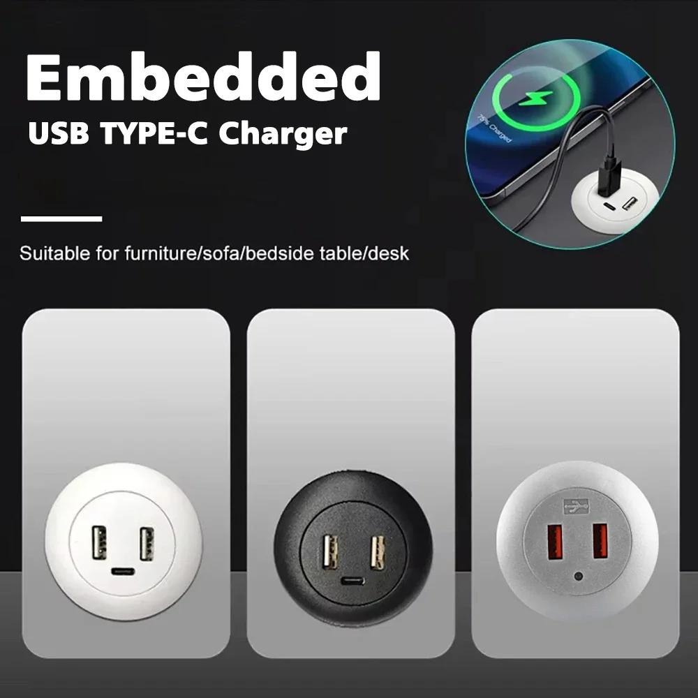 Desktop Loch Embedded USB Hub Typ-C USB Ladegerät 3 In 1 Splitter Für Laptop PC Handy Lade möbel Büro Steckdose
