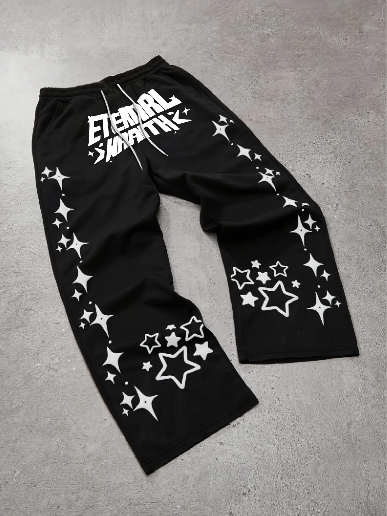 

Men's Casual Sportswear Pants with "Eternal Smile" Star Print - Black, Elastic Belt, Drawstring Design, Comfortable Clothing