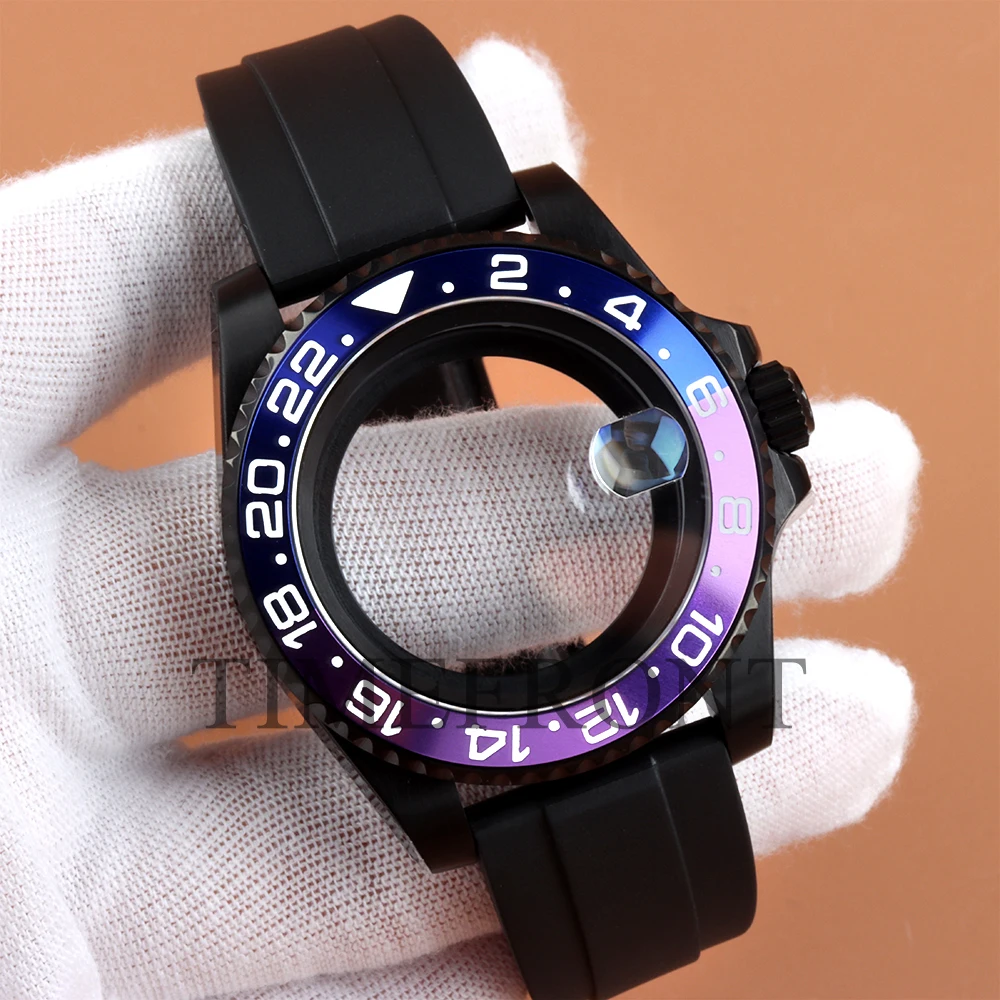 40mm NH35 Black PVD Watch Case Fit GMT Move Uni-directional Bezel For NH34 NH35 NH36 NH38 Movement 28.5mm Dial Rubber Watchband