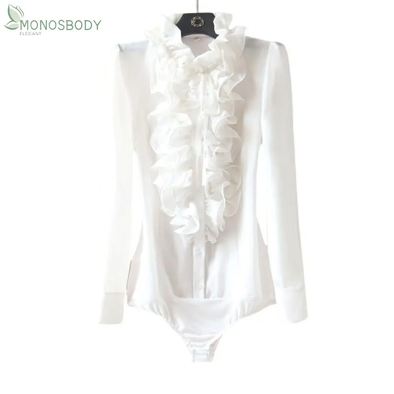 

Fashion Ruffles White Rompers Office Lady Chiffon Blouses and Tops Business Work Wear Shirts Women Bodysuits Polka Dot Outfits