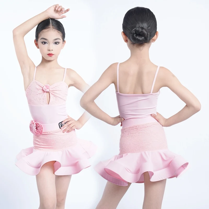 

Pink Latin Dance Costume Children Dancing Performance Wear Girls Waltz Prom Samba Practice Clothes Latin Dancer Costume XH2769