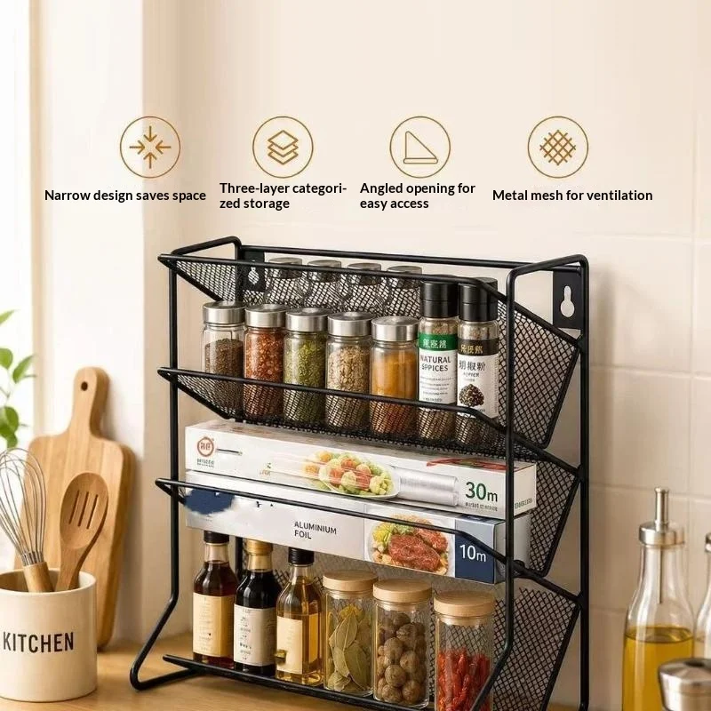 4 Tier Cupboard Storage Shelf Carbon Steel Spice Seasoning Jar Organizer Wall Mount Kitchen Spice Rack Non-Slip Pantry Organize