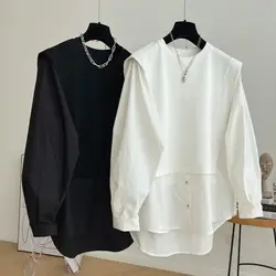 Camisa minimalista em retalhos com gola redonda, duas soltas casuais de manga comprida, camisa de boneca extragrande, nova, primavera e outono, 2023