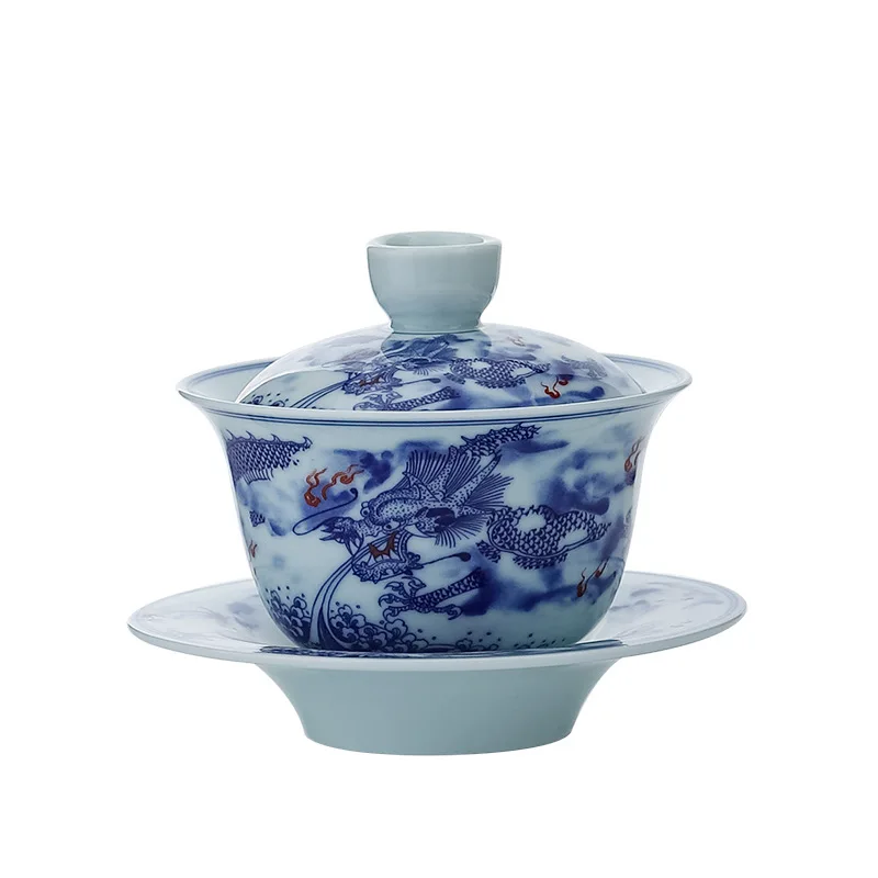 Chinese Retro Sancai Gaiwan Blue and White Tea Tureen Ceramic Teaware Tea Cup Set Handmade Porcelain Gongfu Tea Bowl Cups