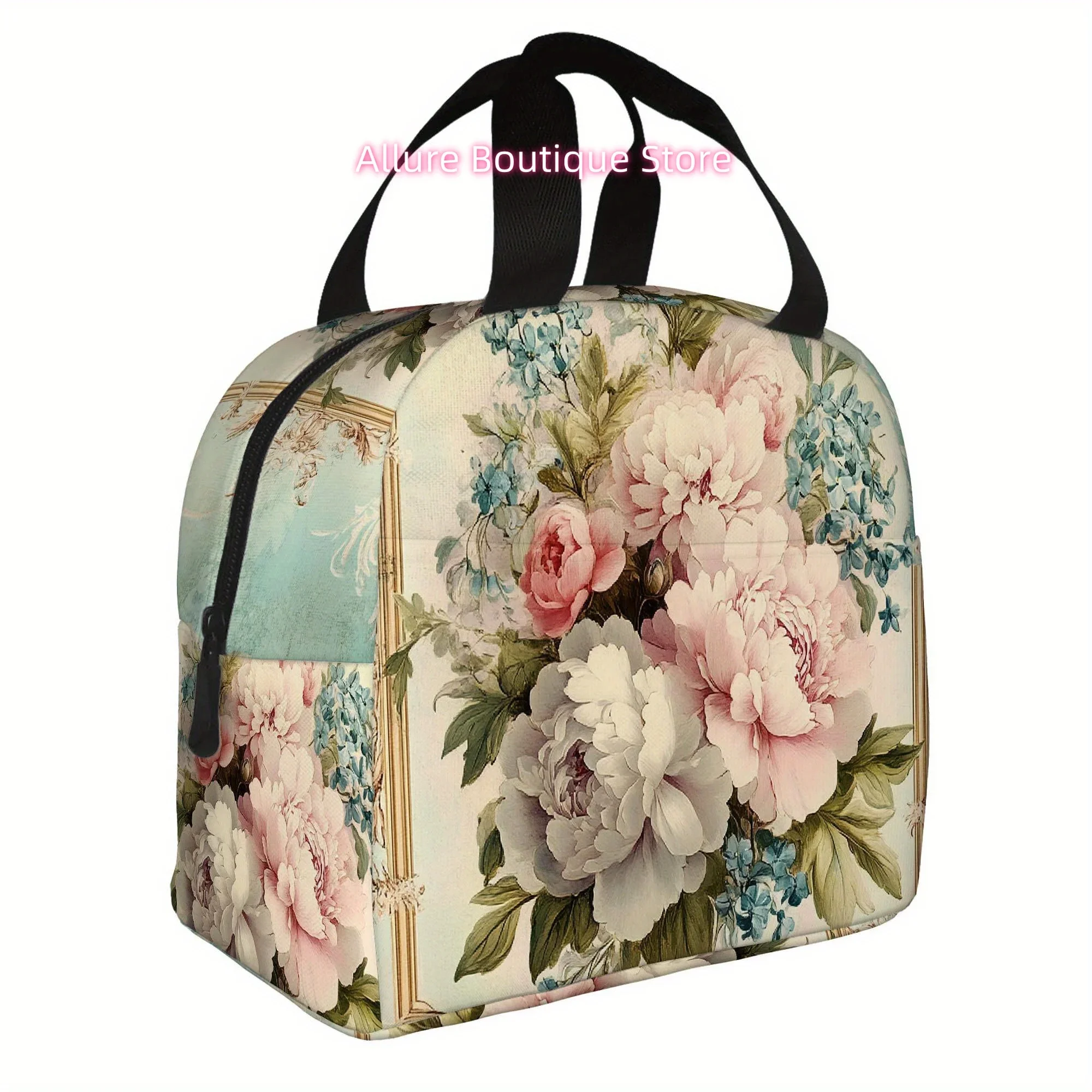 1pc, Vintage Floral Frame Artwork Printed Thermal Bag, Insulated Bag, Not for Food Contact, Suitable for Home, Restaurant, Offic