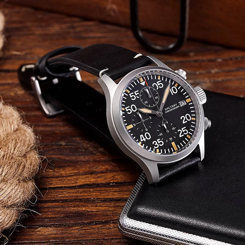 Baltany Military Quartz Watches S5045 Calendar Polished Hands Luminous Leather 10ATM Stainless Steel Chronograph Wristwatches