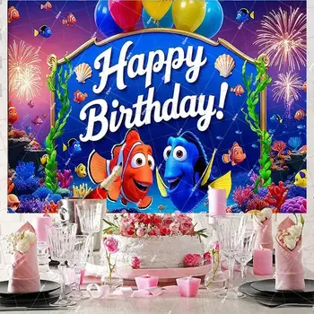 Přizpůsobené dekorace na narozeninovou oslavu Hledá se Nemo pro miminko s motivem podvodního světa, fotografické pozadí pro miminko, studiové rekvizity 10 nejlepší prodej Narozeninové dekorace Nemo - №8