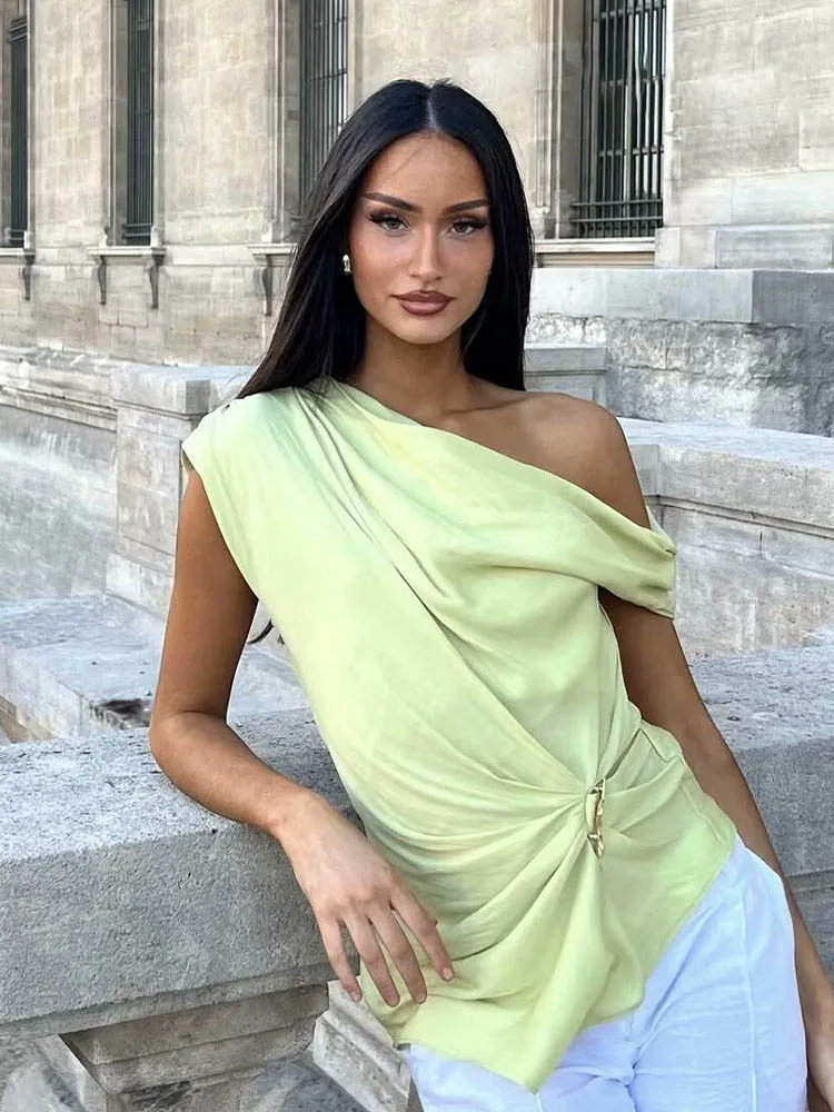 HH Women Summer Fashion Sexy Silk Segment Texture Asymmetric Sleeveless Top Female Elegant Versatile Gold Inlaid Pleated Top