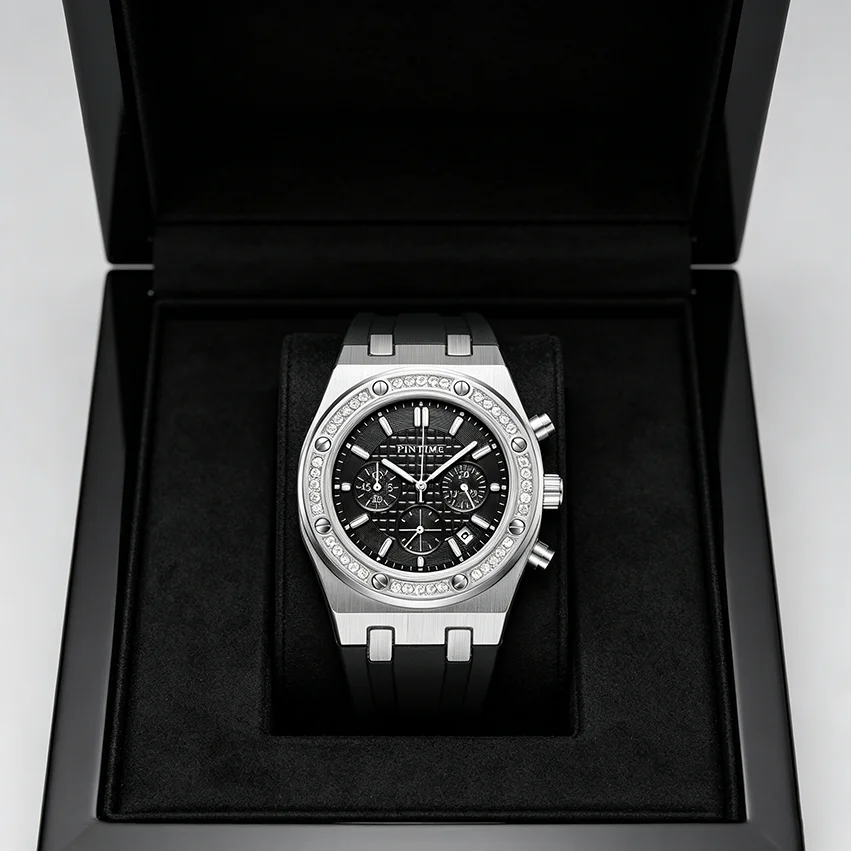 Men's Casual Watch Diamond Iced Bezel Quartz Wristwatch Sports Waterproof 30m Chronograph Fashion Silicone Band Reloj Hombre