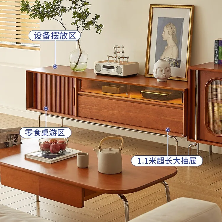 Nordic solid wood TV cabinet, household small apartment stainless steel floor locker, living room retro storage audio-visual cab