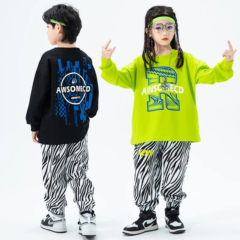 

Kid Hip Hop Clothing Print Sweatshirt Top Casual Streetwear Zebra Striped Jogger Pants for Girl Boy Jazz Dance Costume Clothes