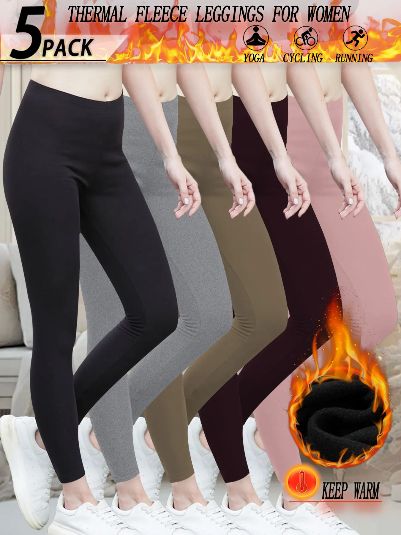 

5PACK Super Soft Fleece Lined Leggings Women, Workout Yoga Running Thermal Warm Pants For cold winter