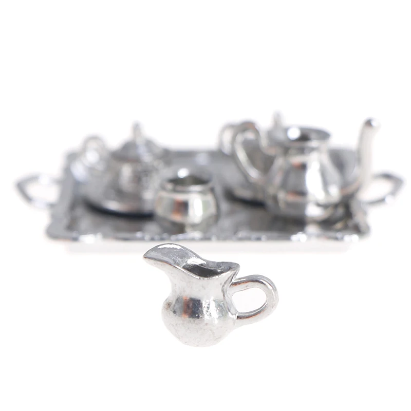 ▶1:12 Dollhouse Miniature Silver Metal Tea Coffee Tray Tableware Set