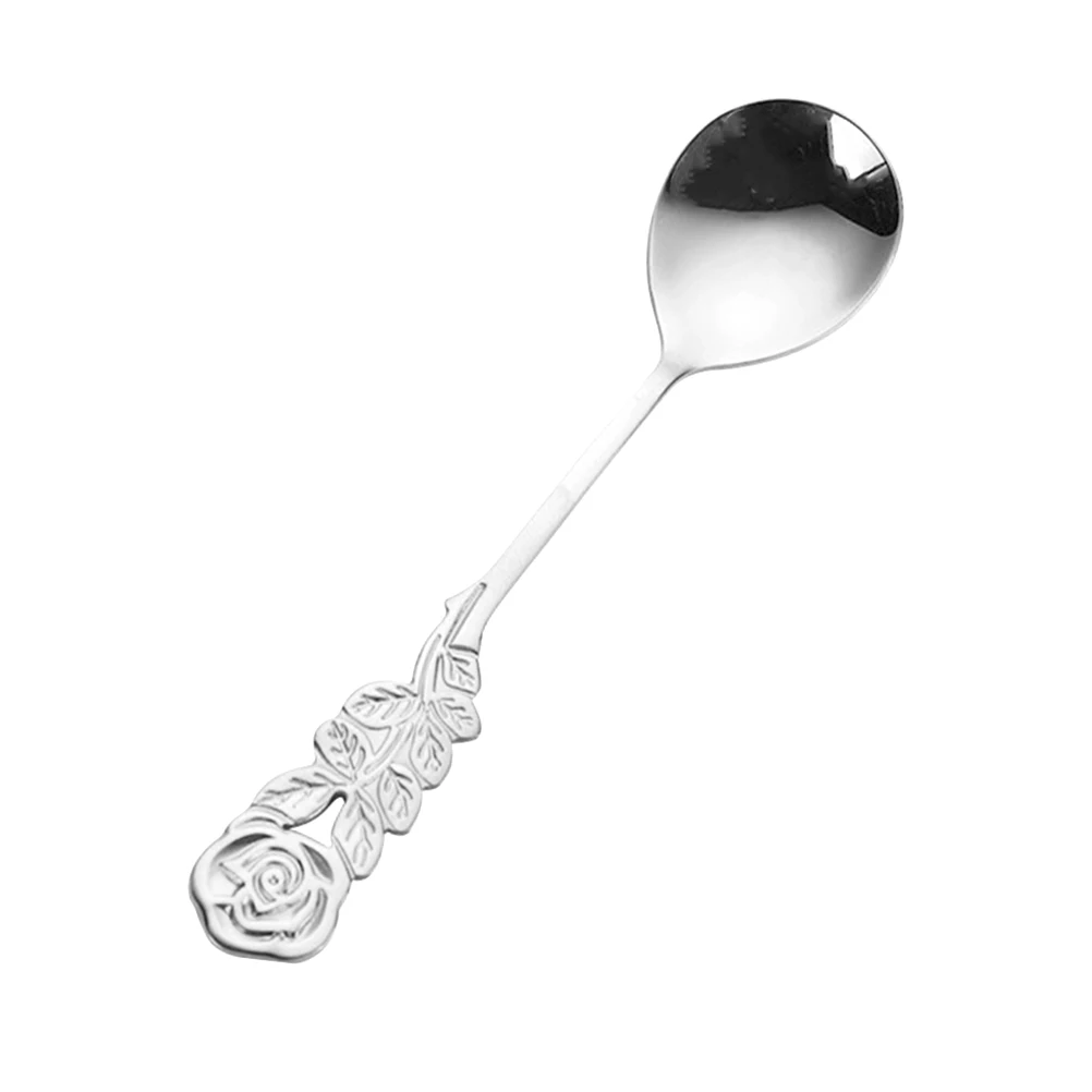 

3Pcs Small Round Spoon Stainless Steel Mini Coffee Dessert Spoon Chic Rose Handle Cream Scoop Ice Cream Scoop