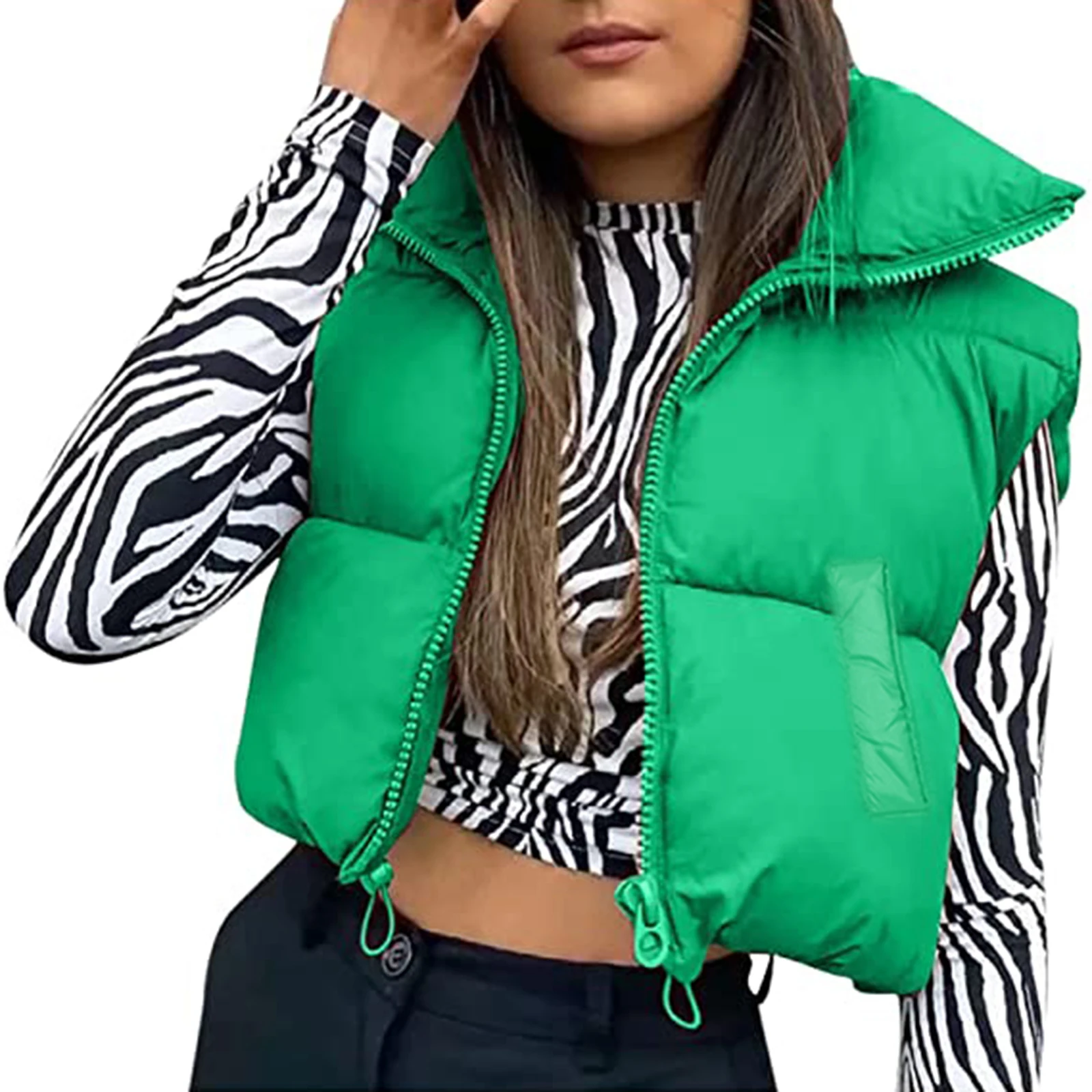

Fall Winter Warm Cropped Vest Jackets Women Fashion Sleeveless Stand Collar Zip Up Puffer Waistcoat Street Style Outwear Coats