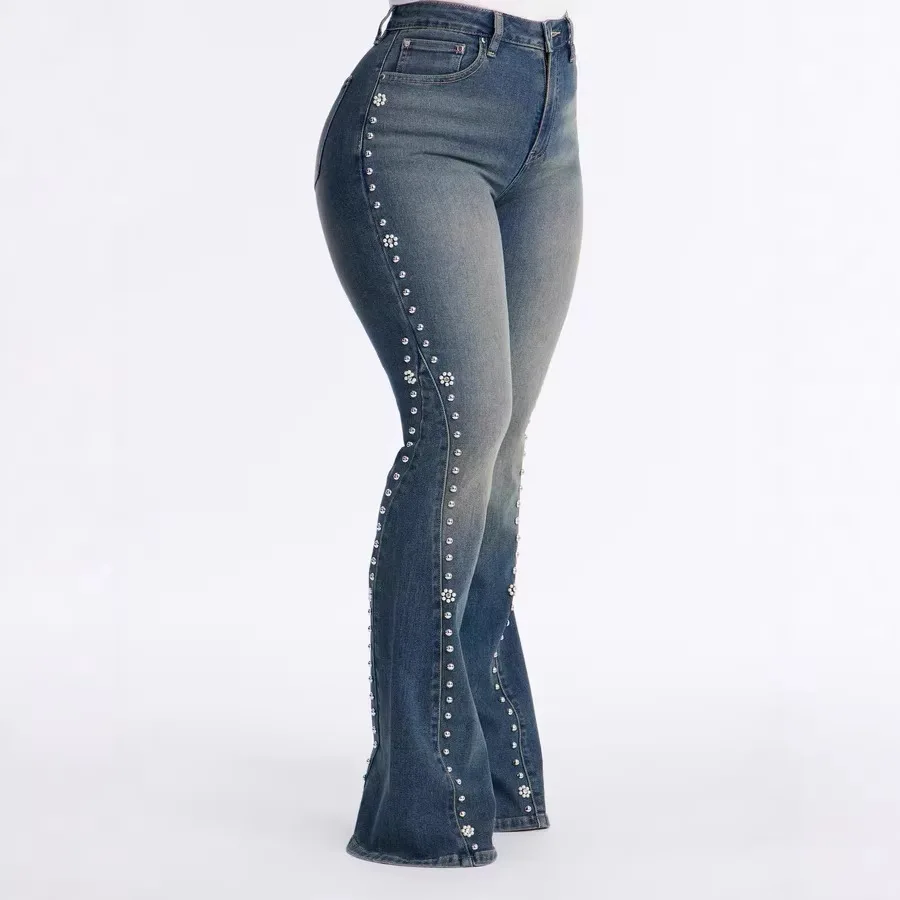 

2026 Women's Vintage Washed Jeans Slim Fit Beaded Micro-Flare Denim Pants Retro High Waist Embellished Chic Streetwear Trousers