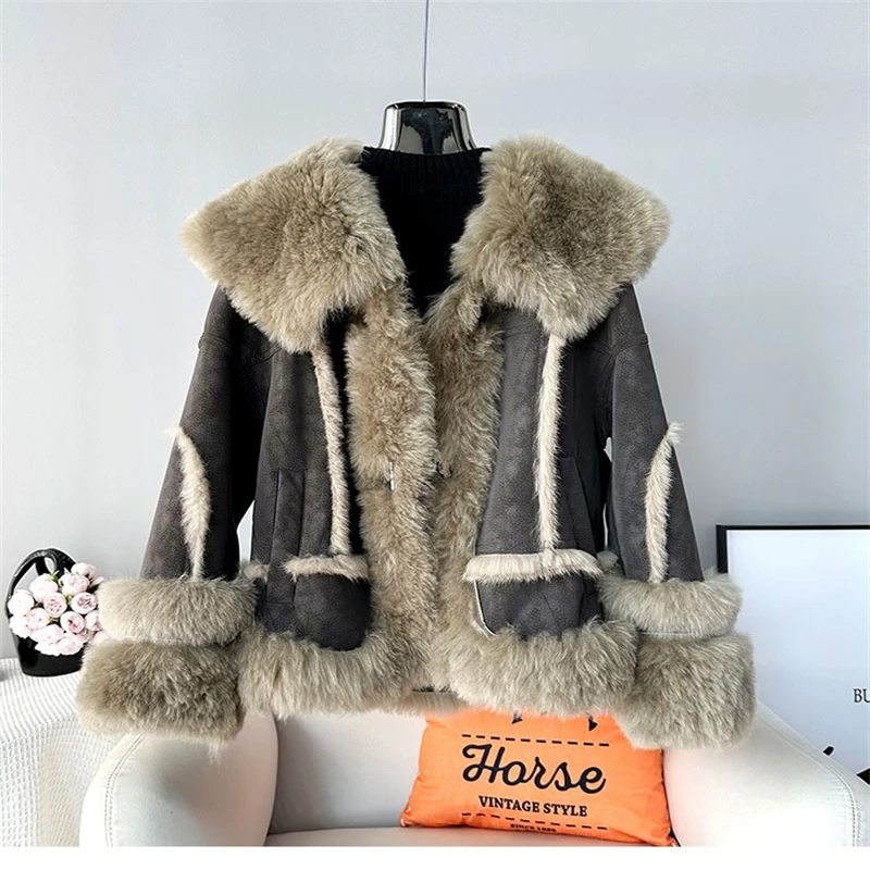 2023 Winter New Lamb Wool Fur Coat Female Rabbit Hair Warm Jacket Genuine Wool Collar Short Jacket JT445