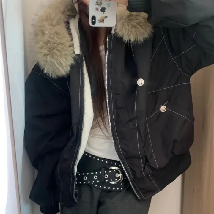 

Chic Vintage Long Sve Cotton Jaet with Fur Collar Loose Fit American Workwear Sle Autumn Winter Anti-Aging Quali