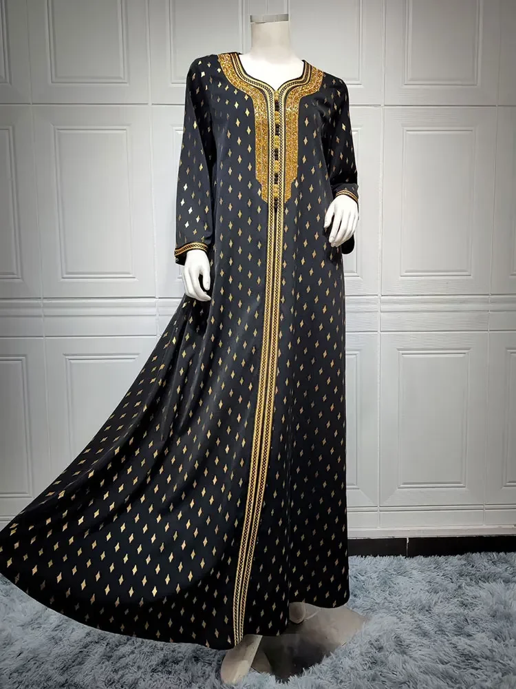 Diamant abaya arabové soumrak dlouhé šaty ženy zlato cejchování muslimové ramadánu marocké kaftan dubaj saúdská gulf jalabiya černá abayas