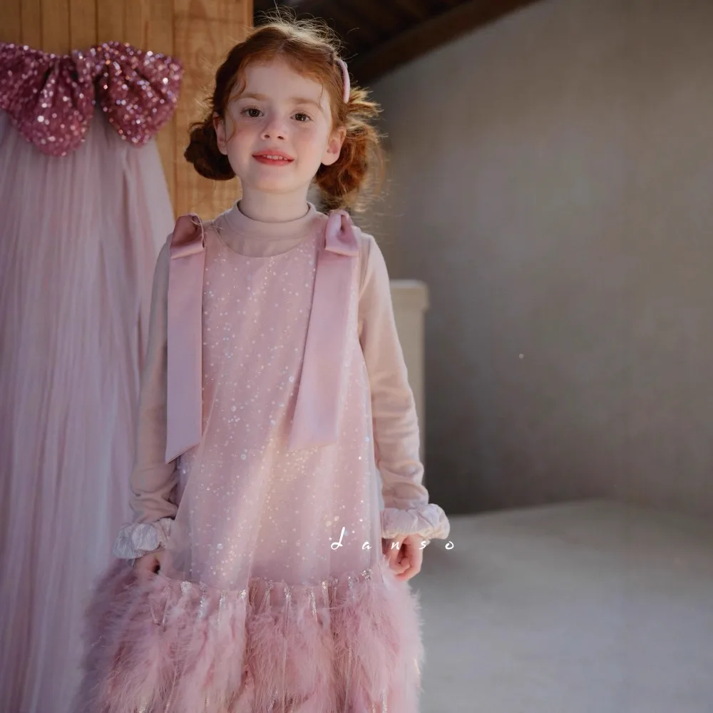 Pink Princess Dress  Girls Autumn Ostrich Feather Sequin Vest Dress Heavy Industry Birthday Party Dress Kids Luxury Formal Gown