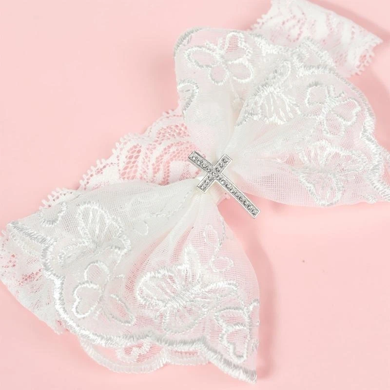 J15U ربطات شعر من الدانتيل الأبيض للأطفال الصغار، أربطة شعر عمامة للتعميد، هدية استحمام لحديثي الولادة