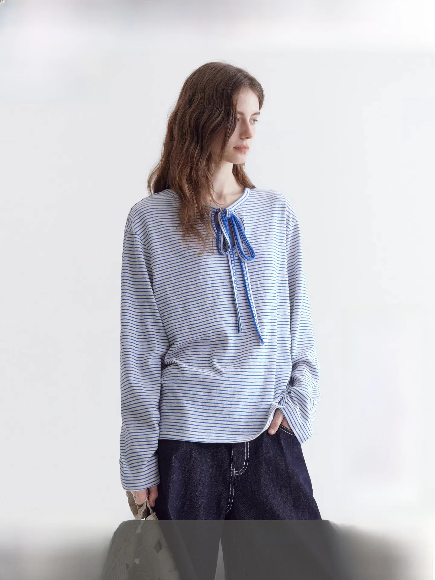 

Женская хлопковая футболка Fano с текстурой «Снежинка», длинный рукав, свободный крой, весенняя новинка, сине-белые полосы, топ для повседневной носки