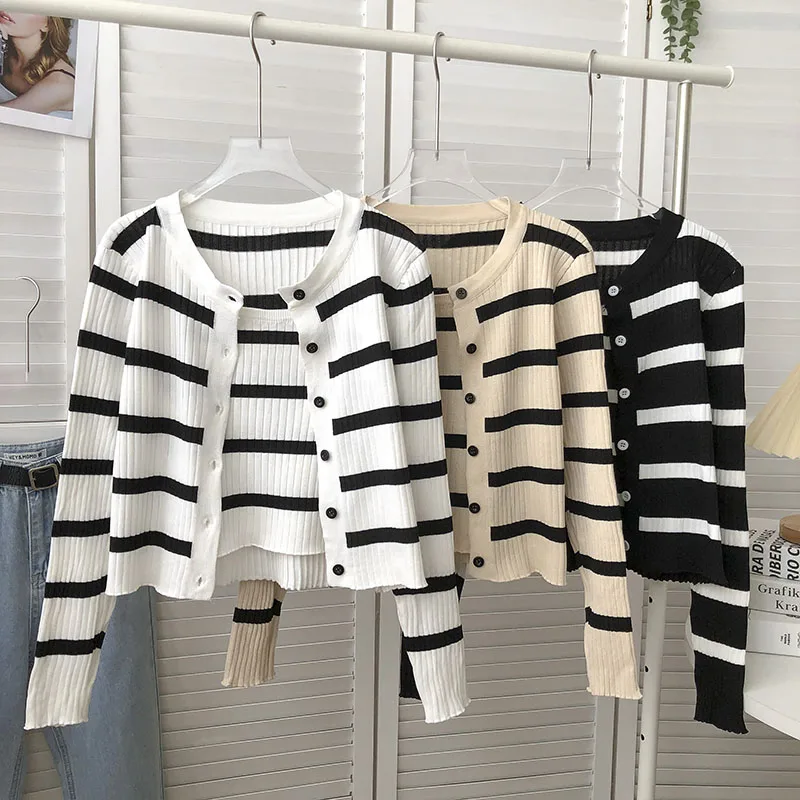 2Pcs Striped Long Sleeved Knitted Cardigan Camisole Vest Women's Clothing Set Korean Autumn Winter Vintage Commuter Lady Sweater