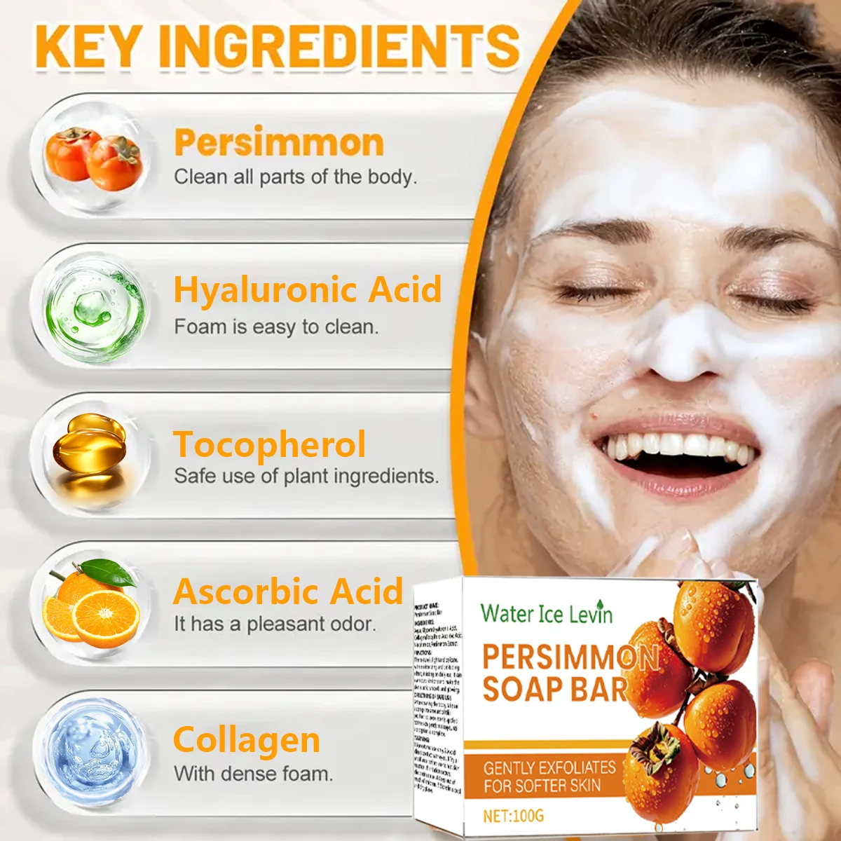 Saponetta al collagene cachi Esfoliazione delicata. Schiuma Denser. Acido ialuronico Acido ascorbico. Tocopherol a base vegetale.