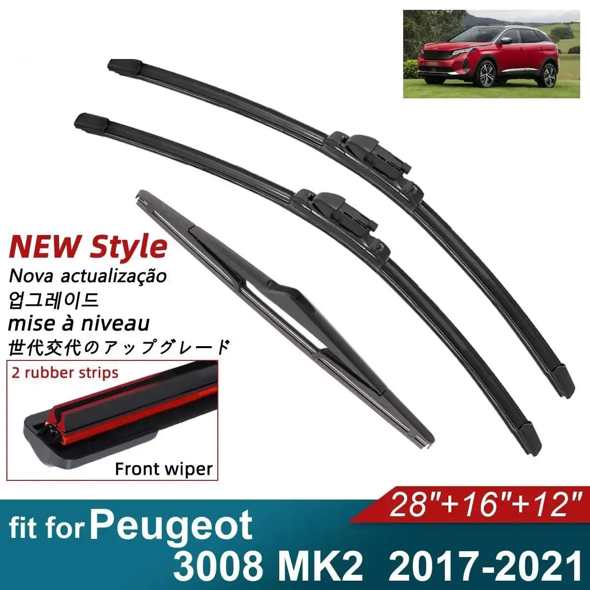 

Double Rubber Car Wiper Blades for 2017-2021 Peugeot 3008 MK2 Front Rear Windshield Wipers Car Accessories 2018 2019 2020 2021