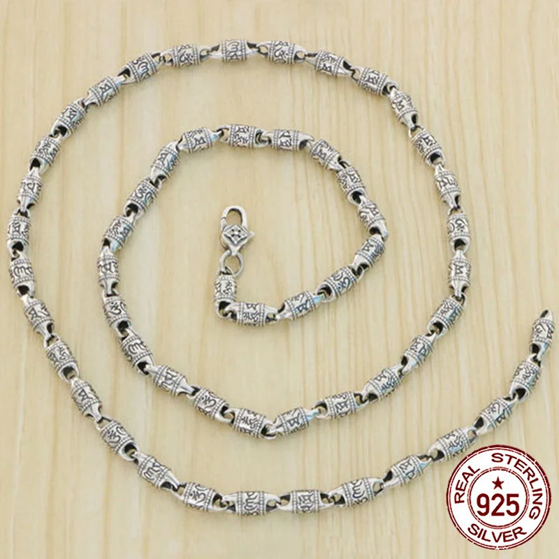 S925 Sterling Silver Necklace National Style Retro Six Character Truth Hip Hop Chain Personalized Fashion Accessories Chain