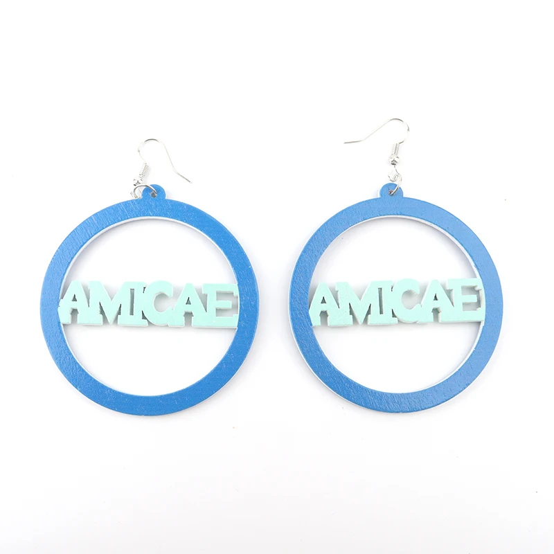 Greek Sorority Stock Custom Nature Wood Round Hollow Zeta AMICAE ZA Light Blue Letter Personalized Wooden EarrinCan Mixed Colors