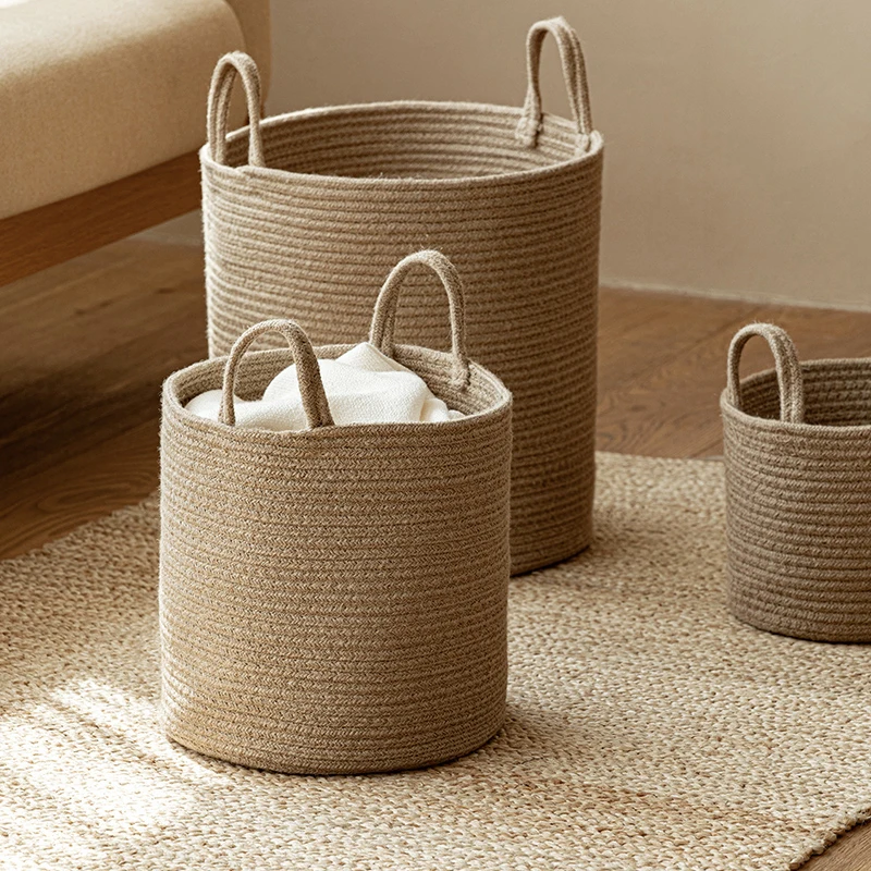 Handmade Woven Dirty Laundry Basket Foldable Cosmetic Storage Bucket Handle Cotton Linen Storage Baskets Clothes Toys Organizer