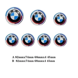 7Pcs Front Hood Emblem For BMW 50th Anniversary Logo 82mm+Rear Badge 74mm+Wheel Hub Cap 68mm+Steering Wheel Sticker 45mm