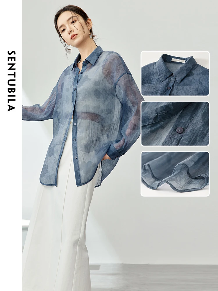 SENTUBILA Sheer Printed Shirts & Blouses for Women 2024 Spring Summer Casual Long Sleeve Tops Loose Button Up Shirt 141C53799