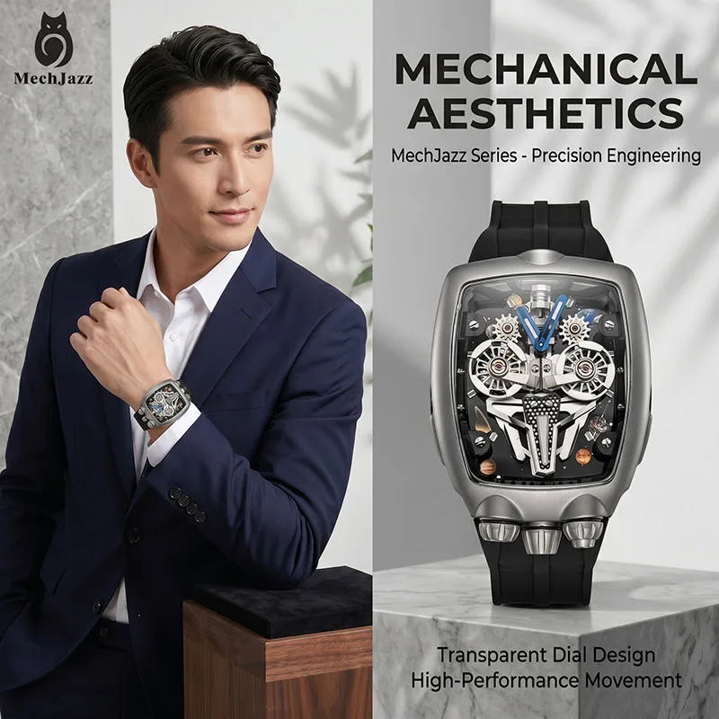 MechJazz Futuristic Skeleton Automatic Watch, 3DAircraft Design, Titanium Texture Case, Sapphire Crystal, Men's Mechanical Watch