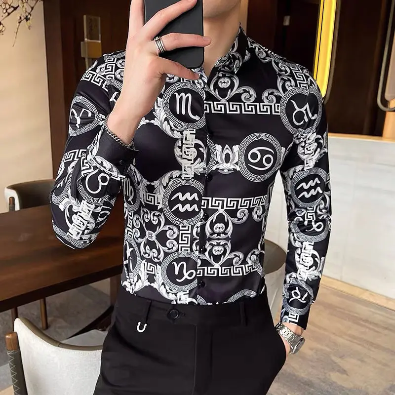 

Spring and autumn men's shirt new Korean slim fashion flower shirt casual geometry handsome long sleeve jacket