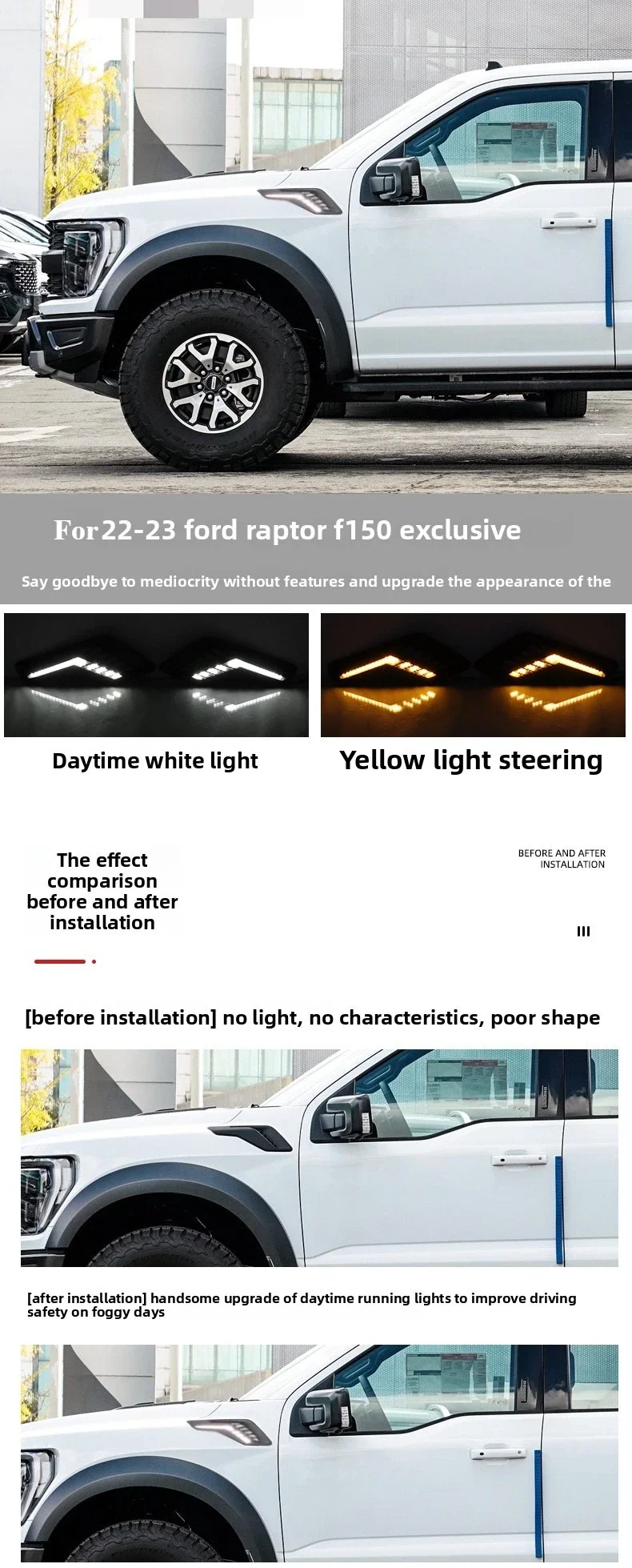 Car Wheel Eyebrow Light Led Front Fender Light DRL Daytime Running Lamp Dynamic Turn Signal For Ford Raptor F150 F-150 2022-2024 detail image 2