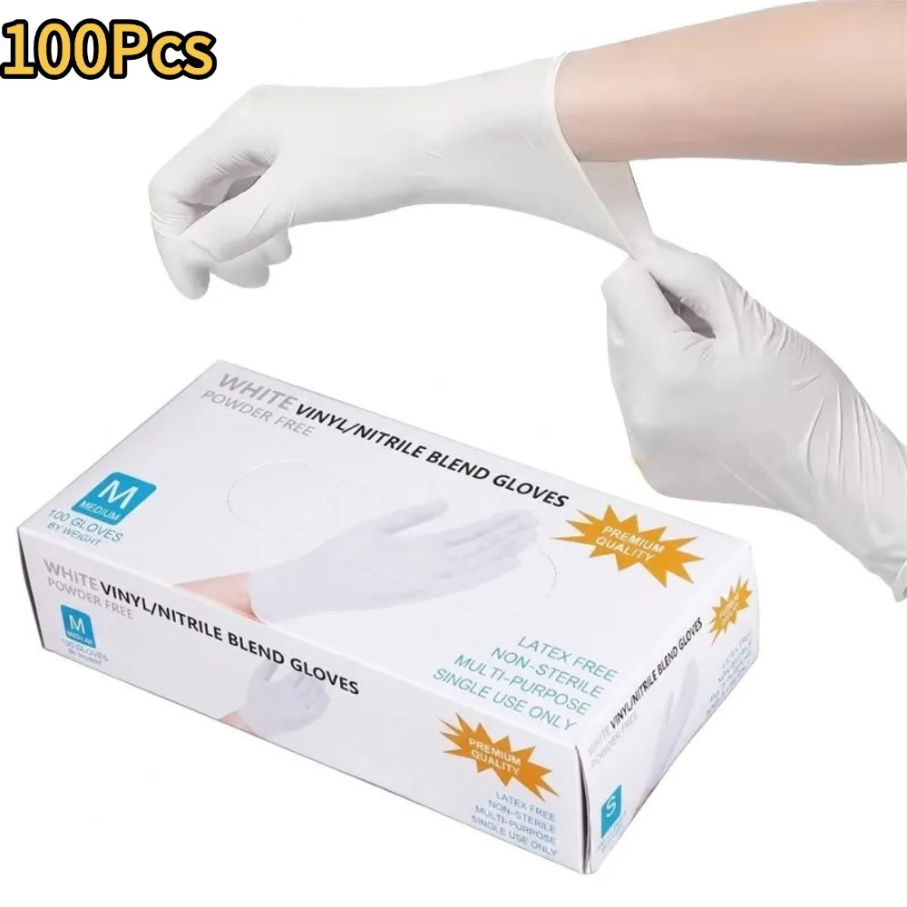 100PCS/Set White Nitrile Gloves For Kitchen Household Cleaning Gloves Waterproof Tattoo Glove Car Repair Pet Care Hair Dyeing