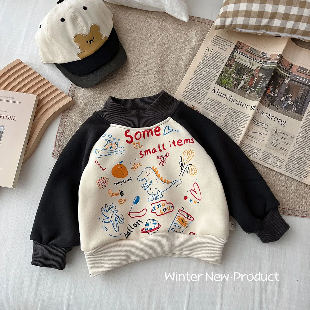 

Fall Winter Baby Boys Full Graffiti Fleece Top 0-5 Years Kids Fashion Cartoon Casual Pullover Children's Contrast Color Clothes