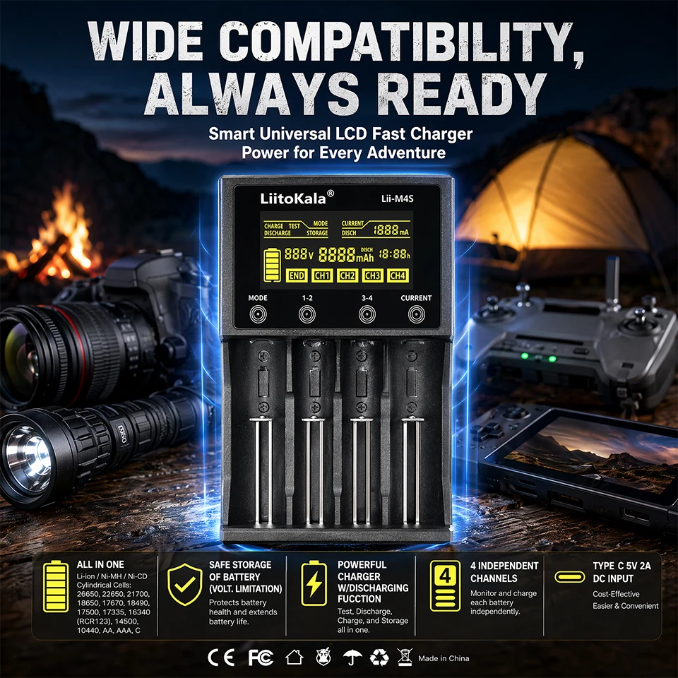 Lii-M4S Smart Touch 4-Slot Battery Charger for 18650 26650 AA AAA Li-ion Ni-MH,Capacity Tester, USB Output, Flashlight Accessory view 5