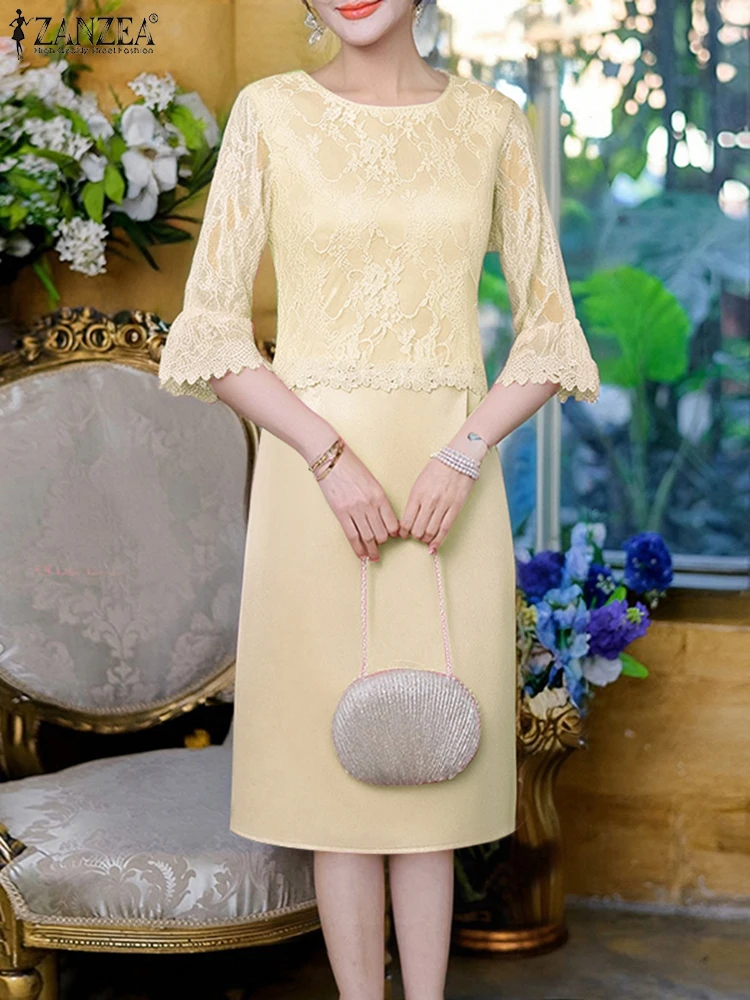 ZANZEA 2025 Elegante Büro Kleid Frauen Sommer Satin Seide Knie-länge Sommerkleid Spitze Robe Casual 3/4 Hülse Solide Party vestidos