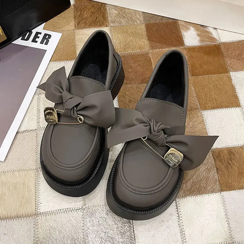 SHANPA British Style Little Leather Shoes Bow Tie Design Kawaii Womens Casual Shoes Slip on Thick Bottom Middle Heel Shoes