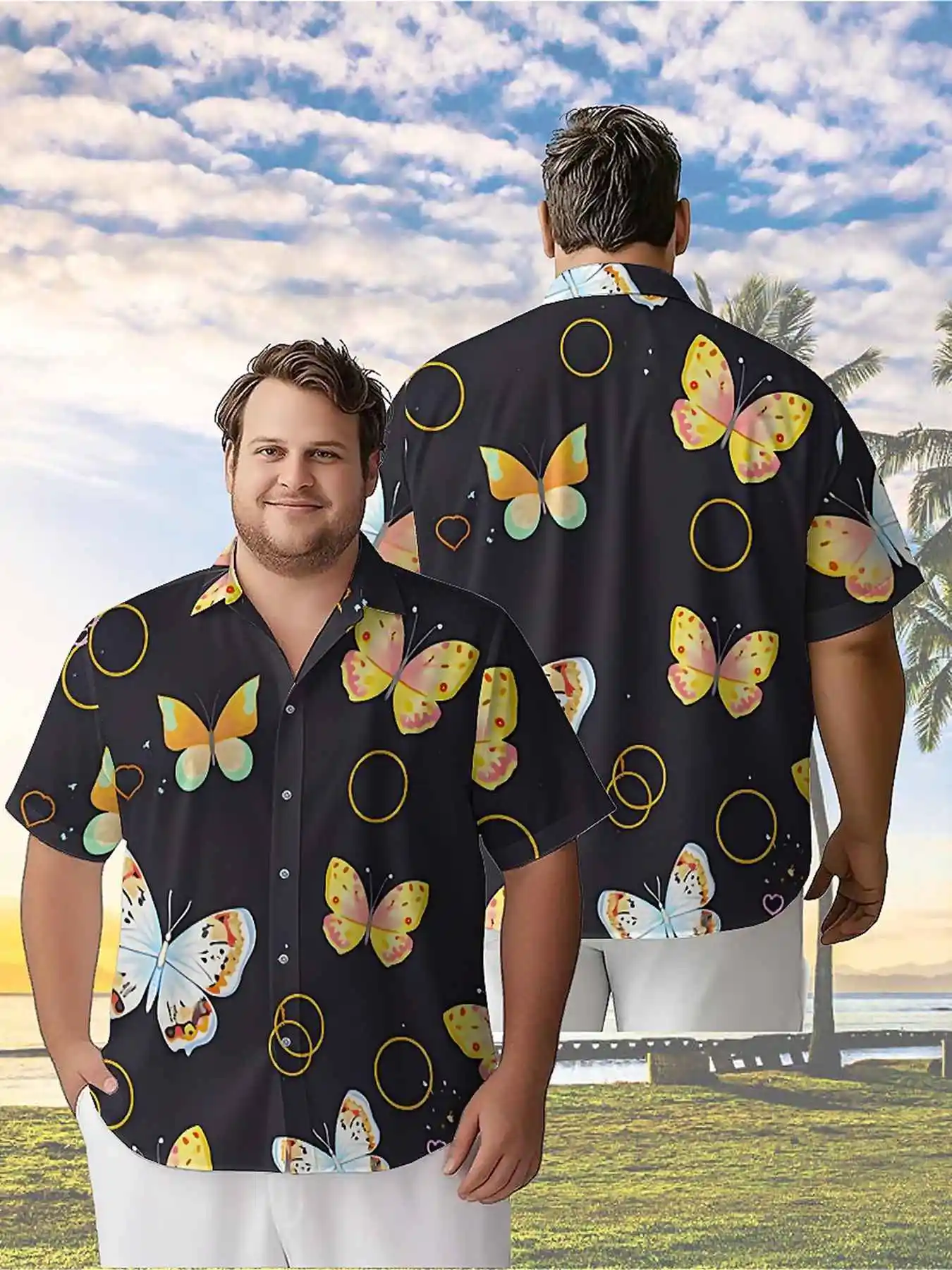 

Men's Plus Size Hawaiian ShirtsButterfly Printspattern, Button Up Shirts, Unisex Casual Clothing, Summer Tops