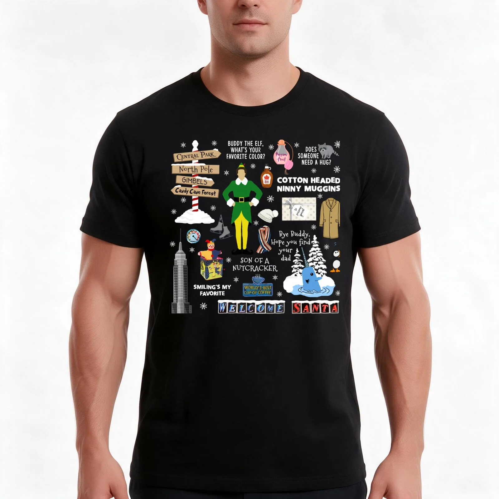 Buddy the Elf collage, Blue background T-Shirt, Summer Casual Cotton Tee, Oversized Streetwear Tops, Vintage Graphic Print
